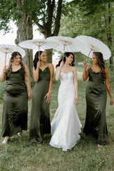Olive Satin Sheath Cowl Neck Spaghetti Straps Long Bridesmaid Dresses