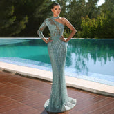 On Sale no return no refund One-Shoulder Beaded Turquoise Mermaid Evening Dress for Women's Wedding Party at LA72067