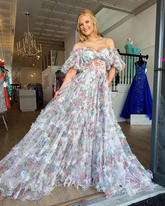 Robe de bal longue élégante à épaules dénudées et fleurs, robe de soirée en tulle Y5889