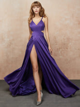 Cut Waist V-neck Spaghetti Strap Satin Prom Dress Long with Slit