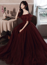 Robe de bal bordeaux à épaules dénudées en tulle Y8351
