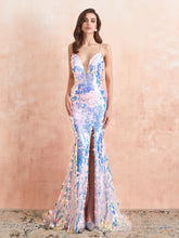 Deep V-Neck Sparkly Sequin Sexy Mermaid Evening Dress Long With Split