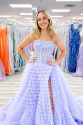A Line Spaghetti Straps Tulle Tiered Long Corset Prom Dress