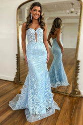 Light Sweetheart Mermaid Long Corset Prom Dress with Appliques