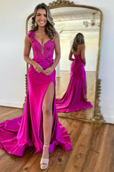 One Shoulder Mermaid Ruched Long Corset Prom Dress with Appliques