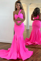 One Shoulder Mermaid Ruched Two Pieces Long Prom Dress