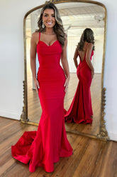 Spaghetti Straps Mermaid Satin Long Prom Dress with Open Back