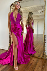 Halter Neck Mermaid Satin Long Prom Dress with Appliques