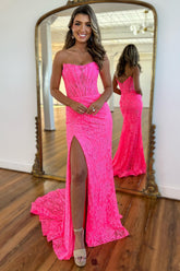 Strapless Mermaid Lace Long Corset Prom Dress with Slit