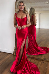 Spaghetti Straps Mermaid Satin Long Prom Dress with Slit