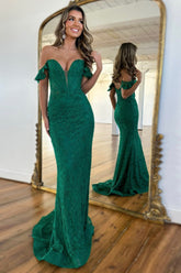 Glitter Off the Shoulder Mermaid Lace Long Corset Prom Dress