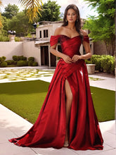 Off Shoulder Sequin Pleated Satin A-Line Prom Dress Long with Slit