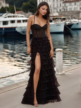 Sparkly Sheer Bodice Hand Beading Spaghetti Strap Ruffle Slit Prom Dress
