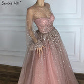On Sale No Return No Refund Pink Glitter Longer Sleeves Sexy A-line Evening Dresses 2025 O-Neck Fashion Tulle Evening Gown Real Photo LA6344