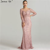 On Sale No Return No Refund Pink Long Sleeves Pearls Crystal Evening Gowns 2025 Mermaid Sexy Elegant Formal Evening Dress LA6274 Plus Size
