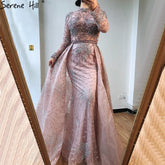 Pink Mermaid Crystal Long Sleeves Evening Dresses 2025 Dubai High Neck Sparkle Formal Dress LA70582
