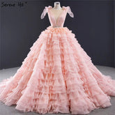 Pink Sleeveless Bow Tiered Sexy Wedding Dresses 2025 Sequined Sparkle Lace Up Bridal Gowns HM67033 Custom Made