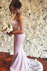 Pink Mermaid Sweep Train Long Bridesmaid Dresses With White Lace