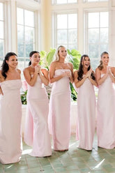 Pink Satin Strapless Floor Length Bridesmaid Dresses With Bow