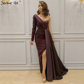 Purple Sexy One Shoulder Satin Evening Dresses 2025 Mermaid Beading Formal Dress LA70318