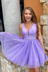 Vestido corto de tul morado corte A para fiesta de bienvenida con cinturón, vestido de graduación