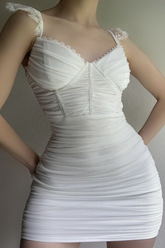 Vestido corto blanco con tirantes y fruncido, sexy, vestido corto blanco para fiesta de bienvenida Y4566