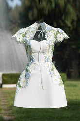 Vestido corto de fiesta de bienvenida de manga corta y corte en A Y2740