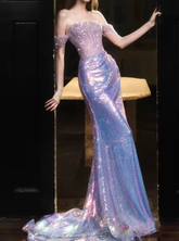 Vestido de noche formal de sirena morado con lentejuelas, hombros descubiertos y brillo, modelo Y8182