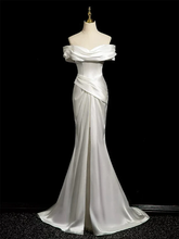 Robe de soirée longue blanche en satin satiné, style sirène, épaules dénudées, modèle Y8047