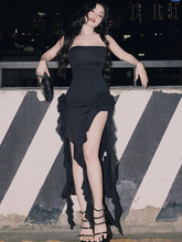 Vestido midi elegante de noche con volantes y mangas largas para mujer, estilo túnica, sexy y sexy, ideal para fiestas (modelo Y1896)