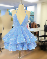 Robe de soirée courte à paillettes bleues Y1408