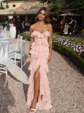 Robe de soirée sirène fendue en mousseline rose à volants et fente, ravissante Y8006