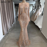 On Sale no return no refundSale Rose Gold Mermaid Long Sleeve Evening Dresses 2025 Sequined Beading Tassel Luxury Formal Dress LA70037