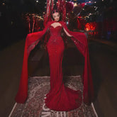 Red Luxury Beaded Mermaid Evening Gown with Cape Sleeves LA72811A