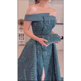 2025 Green Arabic One-Shoulder Satin Evening Gown Beaded Dress with Overskirt and Split for Formal Occasion LA72178