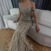 2025 Caramel Spaghetti Strap Mermaid Gown Feathers Beaded Luxury Saudi Evening Dress for Formal Occasion LA72715