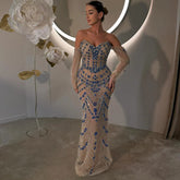 Luxury Blue Beaded Evening Dress Gowns Beaded For Formal Occasion LA72858