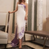 White Lilac Satin Evening Dress One Shoulder Midi Formal Party Gown Butterfly & Beaded for Women's Wedding LA72213