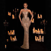 Luxury Beaded Corset Evening Dress Sheer Long Gown with Gloves LA72929
