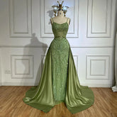 Vestidos de noche de lujo de diseñador en color verde salvia con cuentas y sobrefalda LA72733A