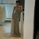 Vestido de noche de lujo estilo sirena con mangas capa y cuentas, color caramelo, ideal para bodas y fiestas (2025) LA71905B