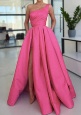 2025 Arabic Pink A-Line One-Shoulder Floor-Length Satin Prom Dress with Split, Ruffles, and Pockets for Women's Party LA72683