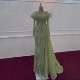 Elegant Beaded Sage Green Evening Dress Gown with Flowing Hem LA72928