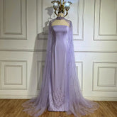 Lilac Strapless Evening Dress with Beaded Long Cape Gown LA72828