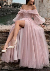 2025 Arabic Pink A-Line Off-the-Shoulder Side Split Luxury Dubai Prom Dress for Women's Party LA72677