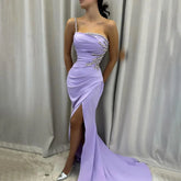2025 Arabic Elegant Lilac Satin Mermaid One Shoulder Beaded Evening Dress Women's Party Gown with High Split LA72331
