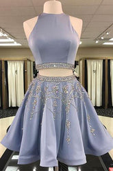 Two Piece A-Line Jewel Sleeveless Short Prom Dress, Homecoming Dress With Beading