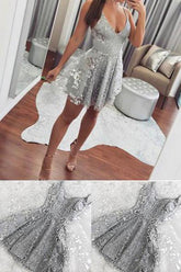 Silver Short Spaghetti Straps V-neck Mini Lace Homecoming Dresses for Teens