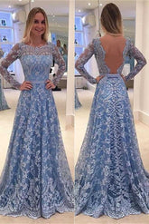 A-line Long Sleeves Lace Long Prom Dresses,Formal Dresses, Cocktail Evening Dresses