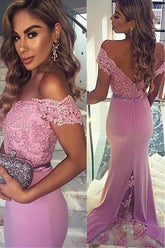 Off shoulder V-Back Long Prom Dresses With Sweep Train,